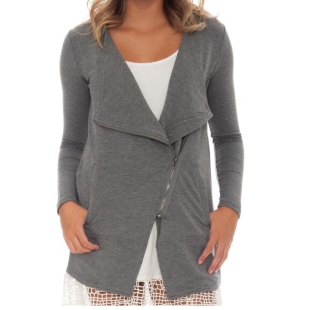 BB Dakota heather gray Anderson zip asymmetrical sweater jacket